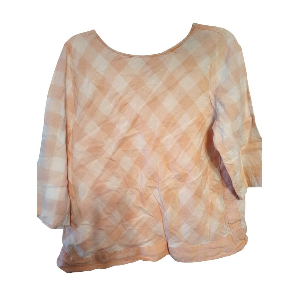 J. Jill Love Linen XL Top Pink White Gingham Pattern 3/4 Sleeve Business Casual